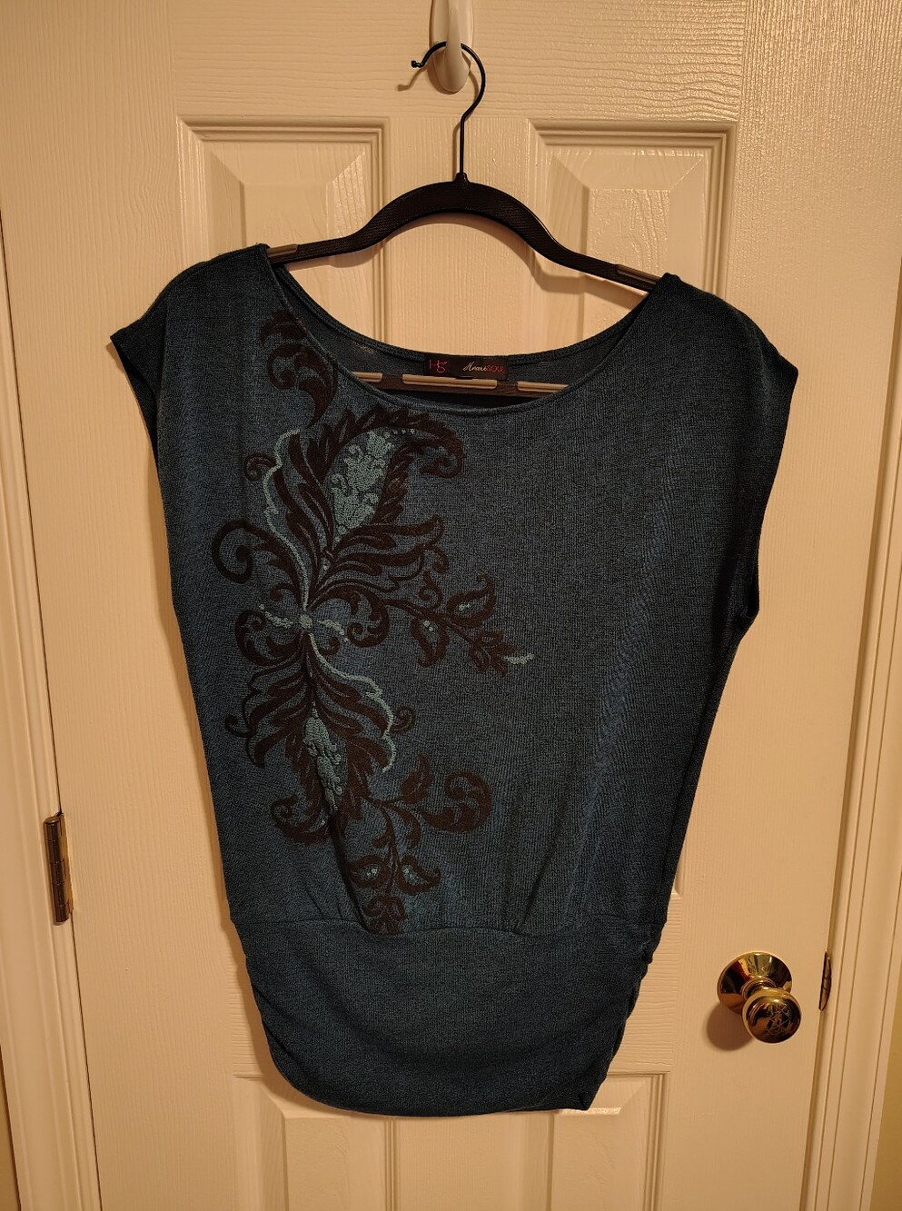 Dark Teal With Black Scroll Pattern Top. Medium